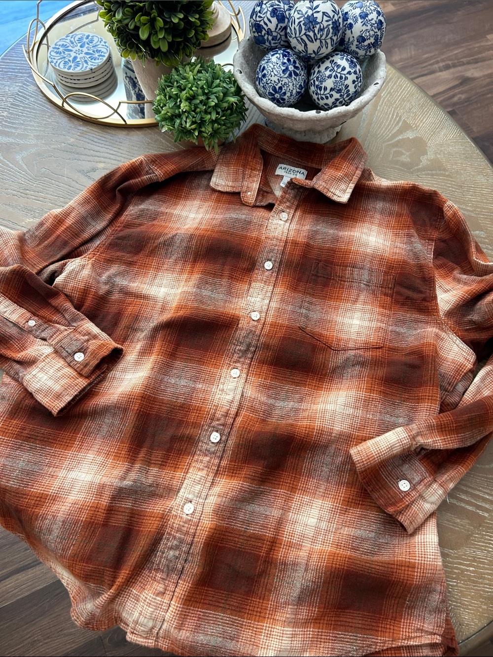 Men’s Arizona Rustic Fall Burnt Orange Plaid Button-Up Flannel Shirt Large